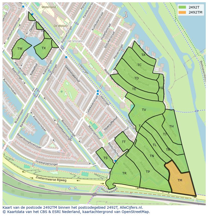 Afbeelding van het postcodegebied 2492 TM op de kaart.