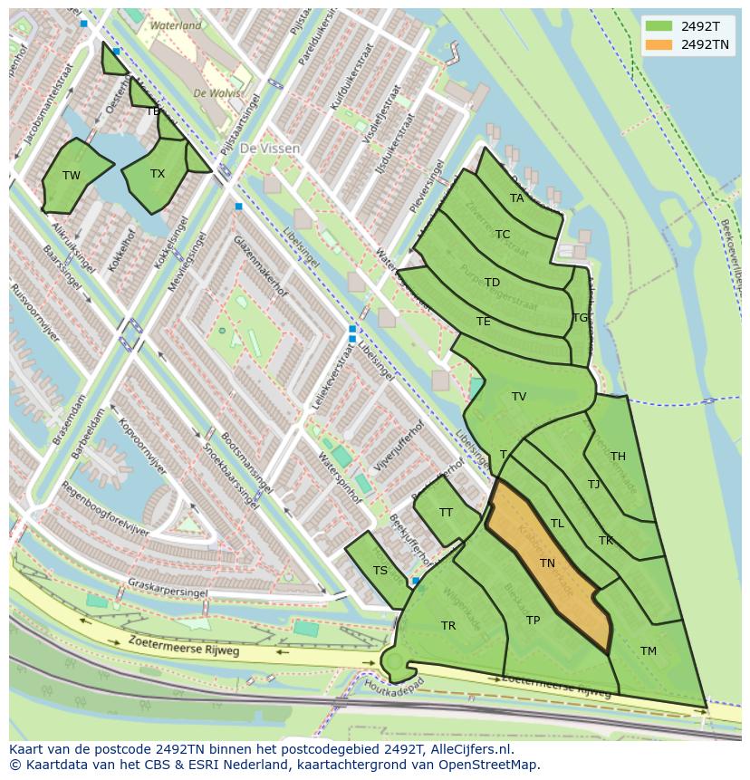 Afbeelding van het postcodegebied 2492 TN op de kaart.