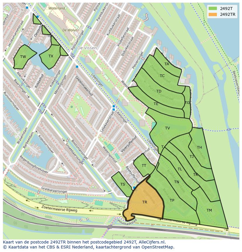 Afbeelding van het postcodegebied 2492 TR op de kaart.