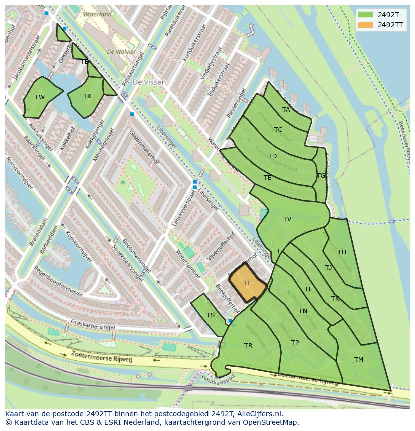 Afbeelding van het postcodegebied 2492 TT op de kaart.