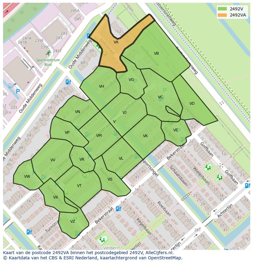 Afbeelding van het postcodegebied 2492 VA op de kaart.