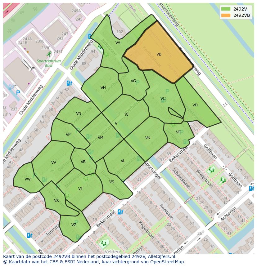 Afbeelding van het postcodegebied 2492 VB op de kaart.