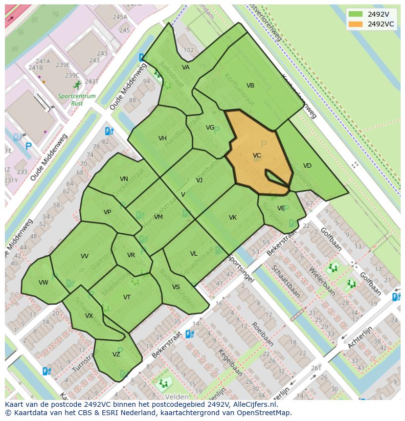 Afbeelding van het postcodegebied 2492 VC op de kaart.