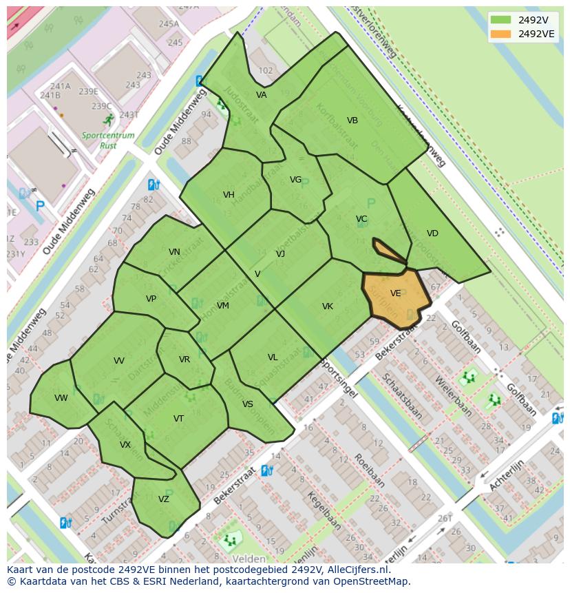 Afbeelding van het postcodegebied 2492 VE op de kaart.