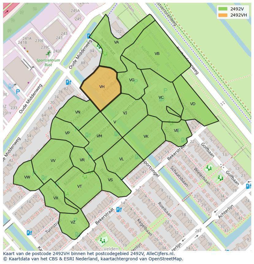 Afbeelding van het postcodegebied 2492 VH op de kaart.