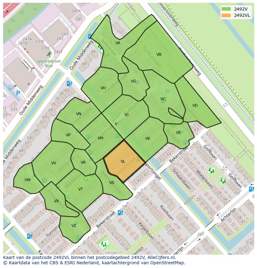 Afbeelding van het postcodegebied 2492 VL op de kaart.