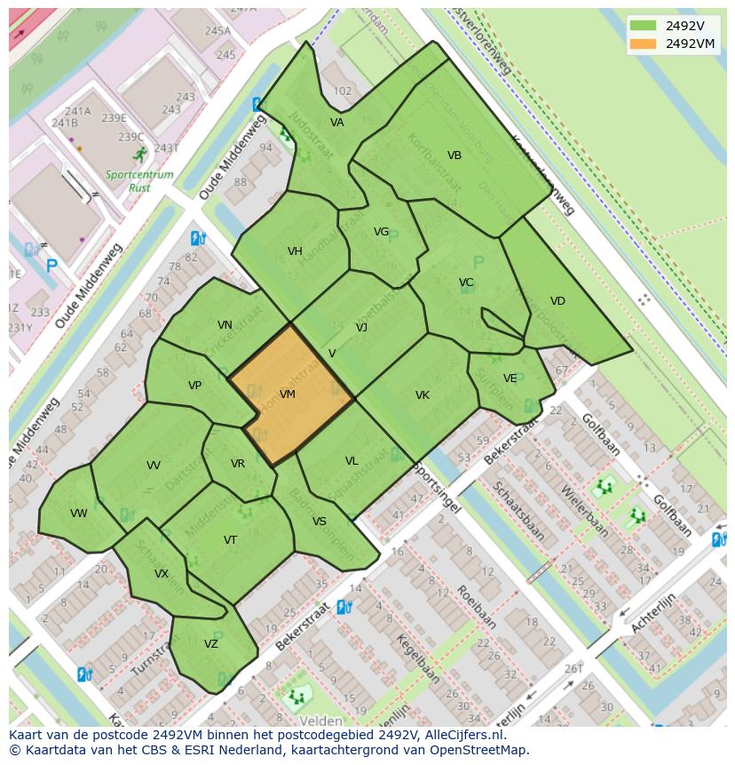 Afbeelding van het postcodegebied 2492 VM op de kaart.
