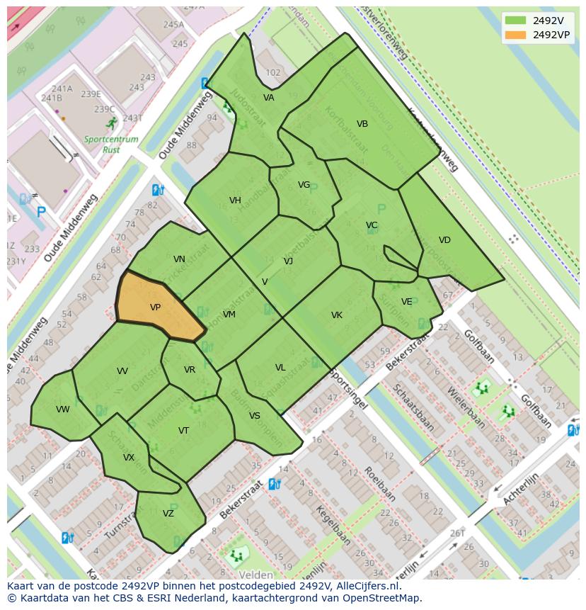 Afbeelding van het postcodegebied 2492 VP op de kaart.