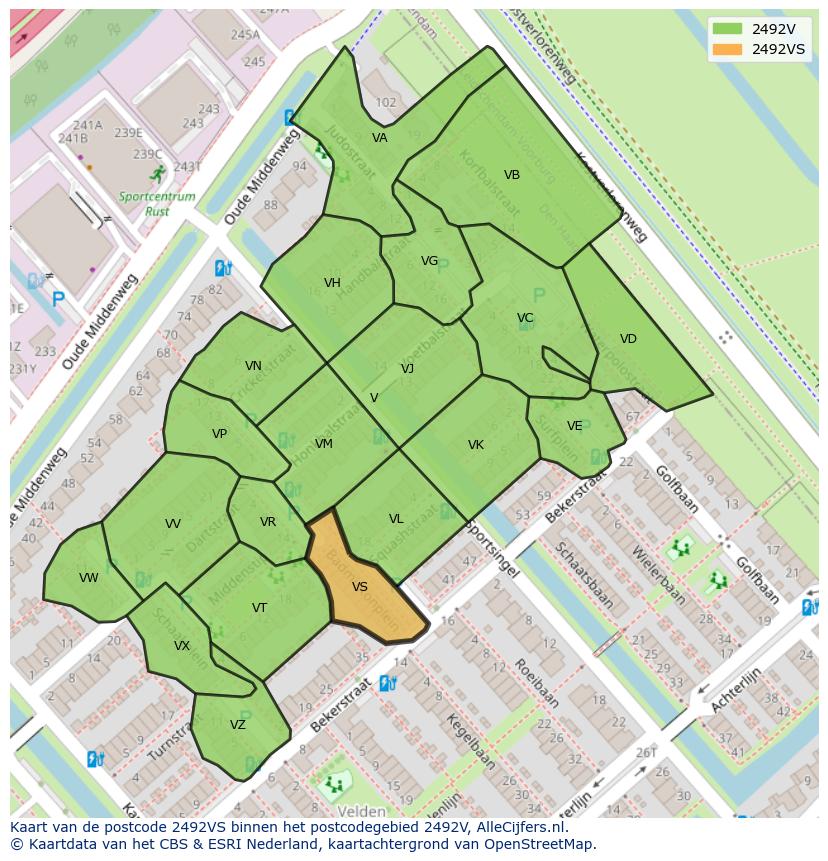 Afbeelding van het postcodegebied 2492 VS op de kaart.