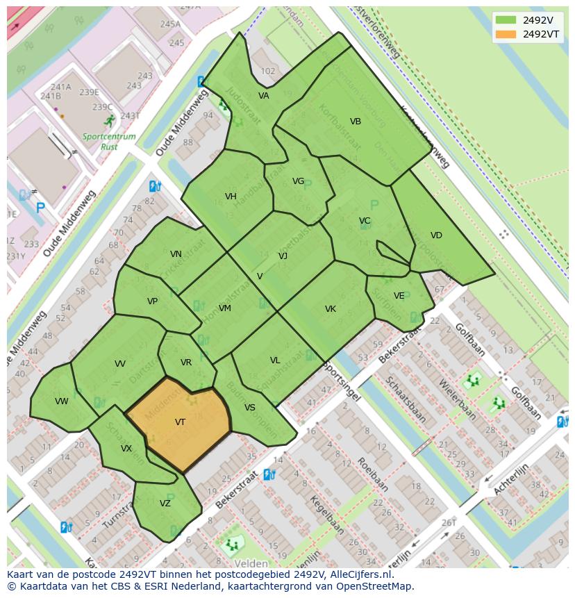Afbeelding van het postcodegebied 2492 VT op de kaart.