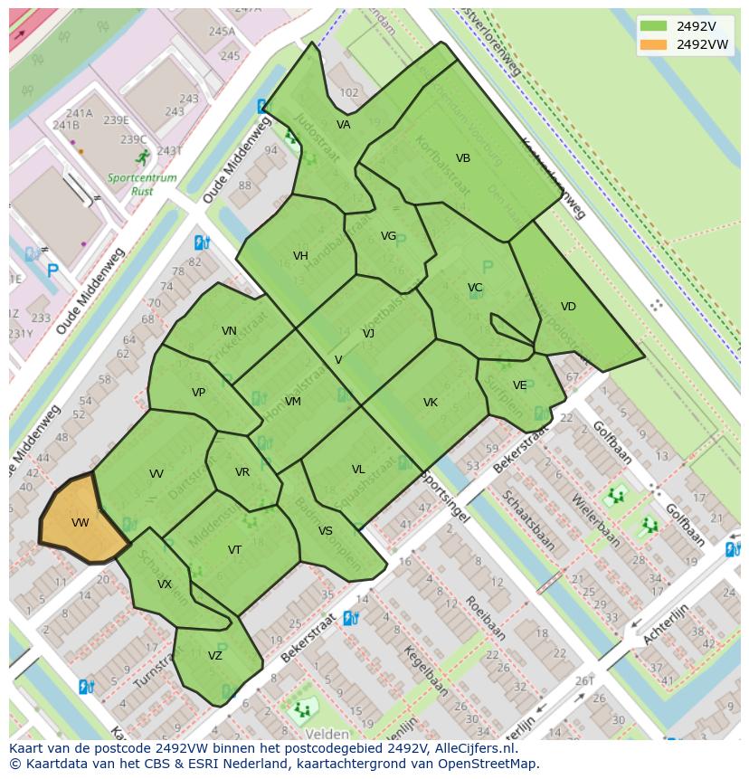 Afbeelding van het postcodegebied 2492 VW op de kaart.