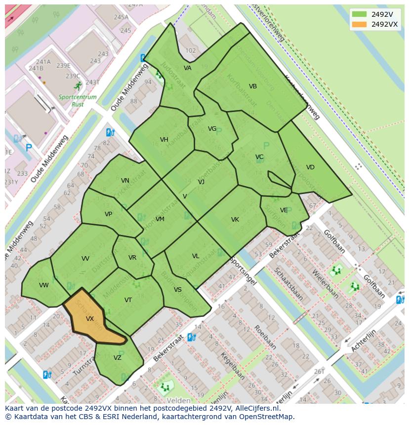 Afbeelding van het postcodegebied 2492 VX op de kaart.