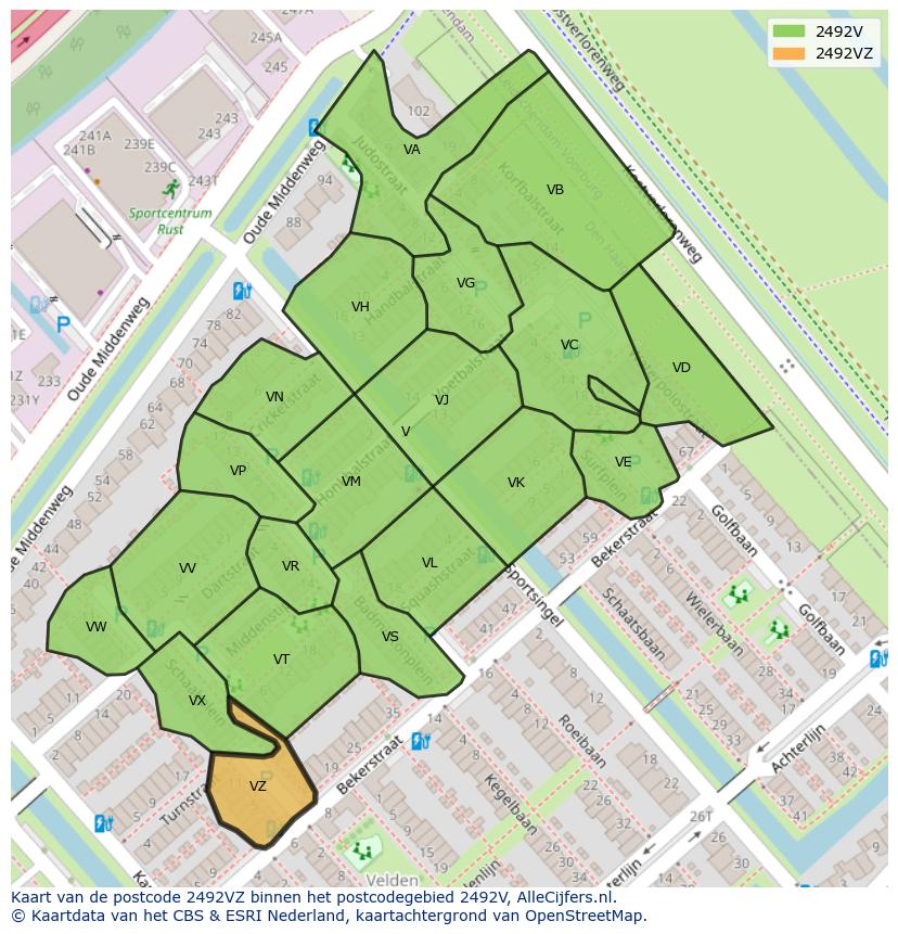 Afbeelding van het postcodegebied 2492 VZ op de kaart.
