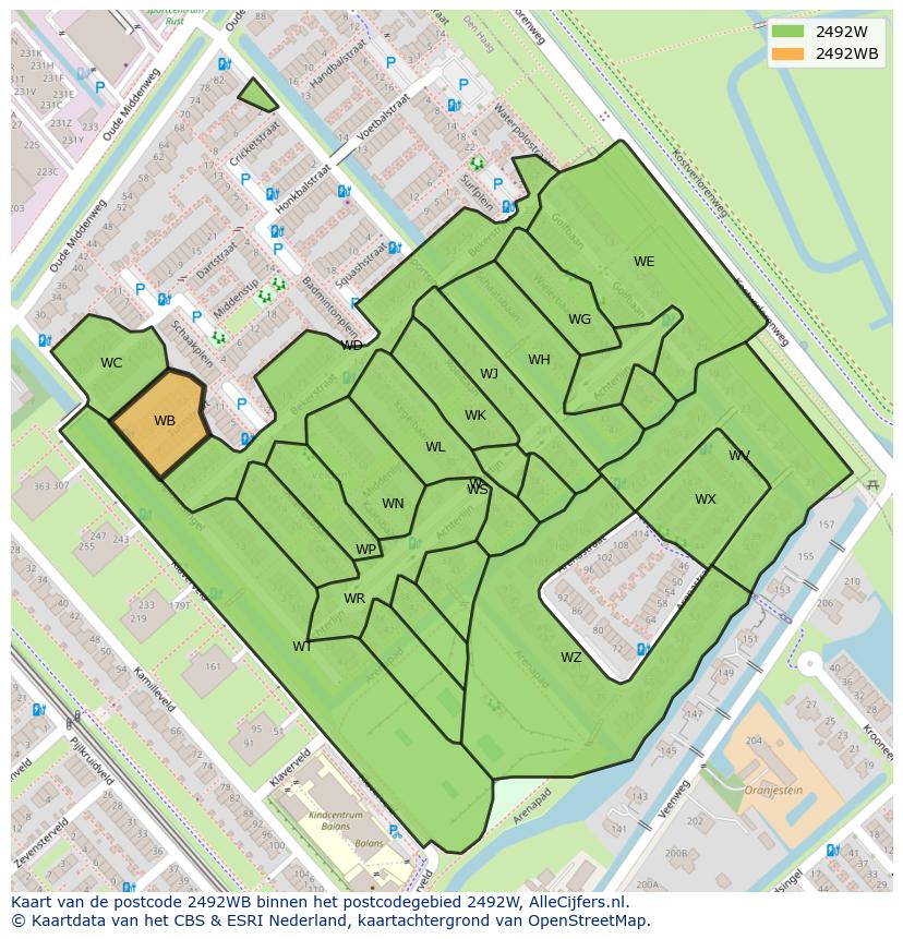 Afbeelding van het postcodegebied 2492 WB op de kaart.