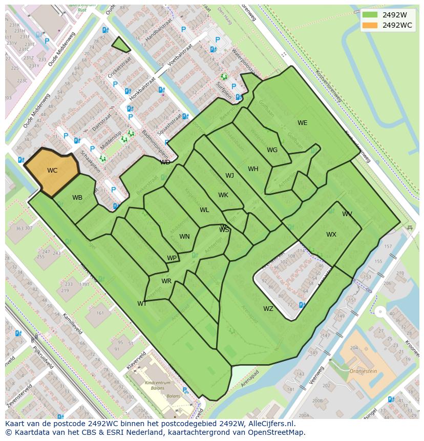 Afbeelding van het postcodegebied 2492 WC op de kaart.