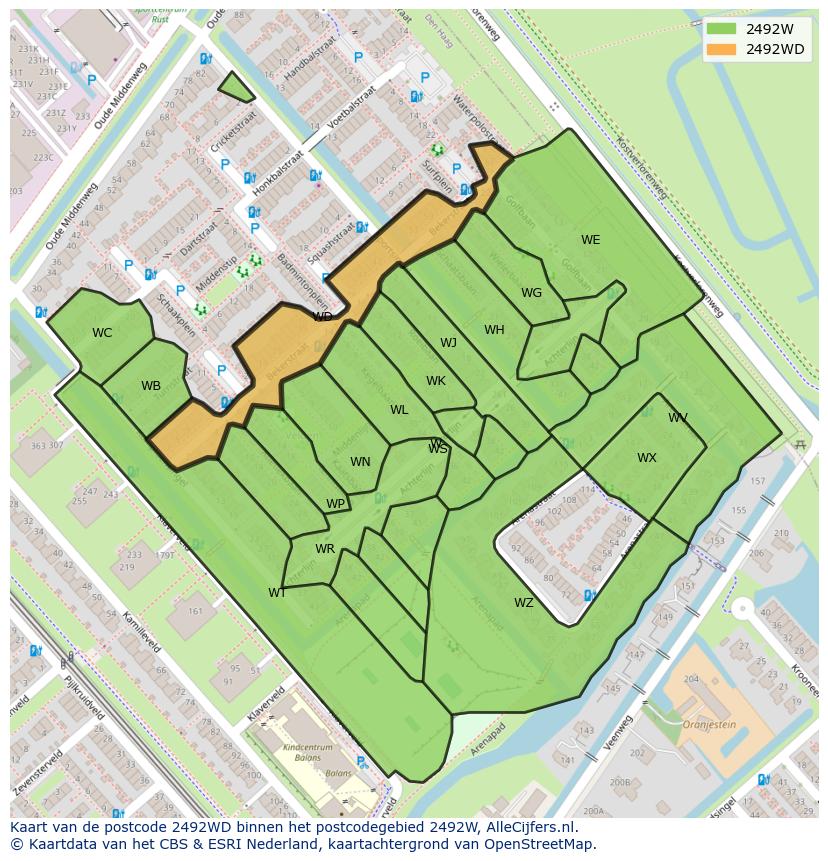 Afbeelding van het postcodegebied 2492 WD op de kaart.