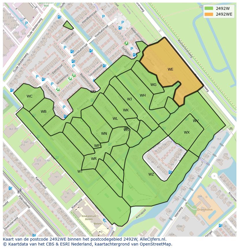 Afbeelding van het postcodegebied 2492 WE op de kaart.