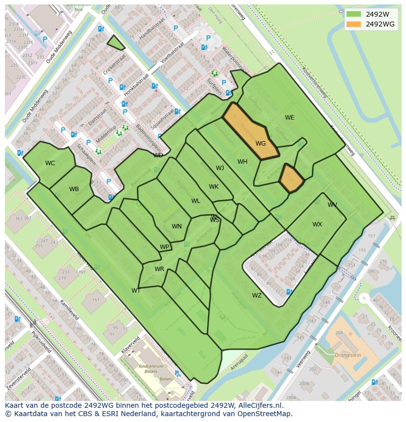 Afbeelding van het postcodegebied 2492 WG op de kaart.