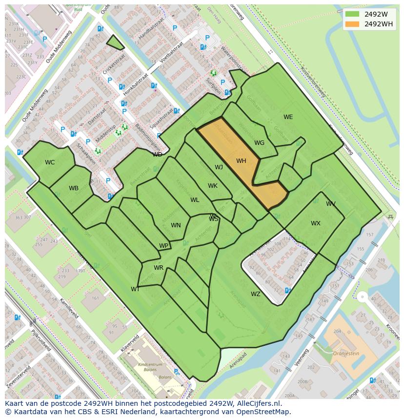 Afbeelding van het postcodegebied 2492 WH op de kaart.