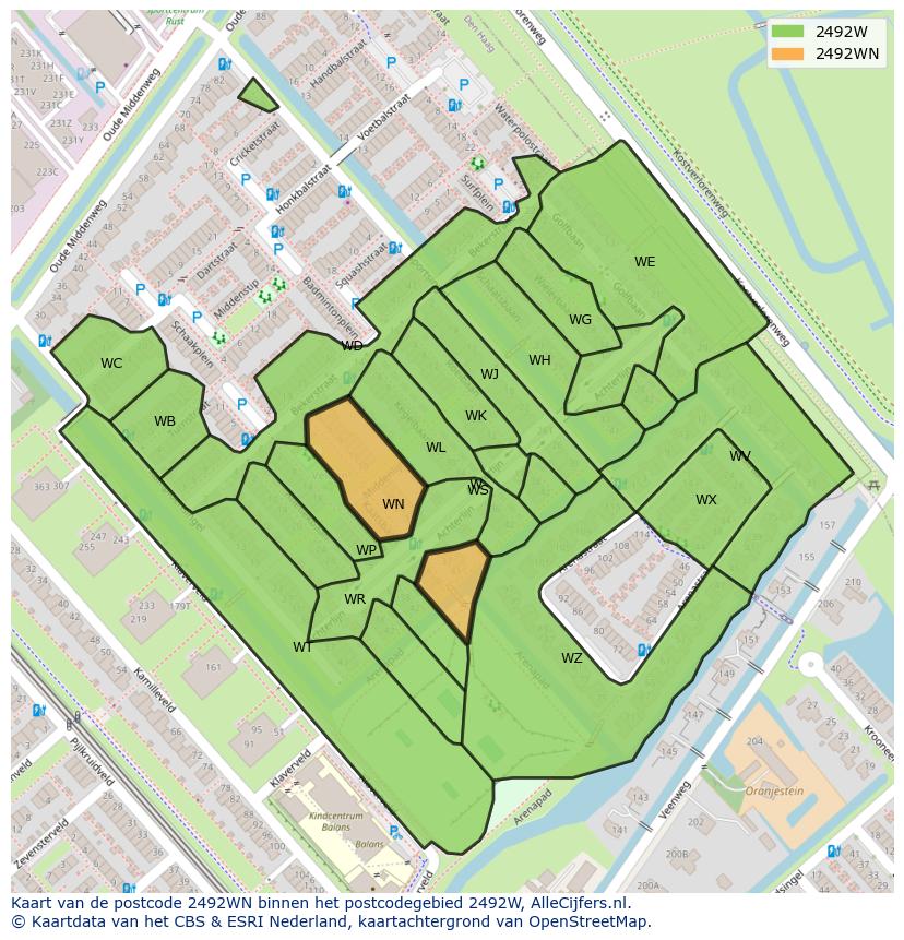 Afbeelding van het postcodegebied 2492 WN op de kaart.