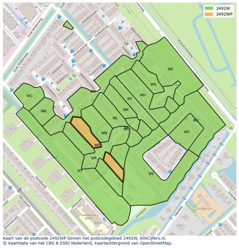 Afbeelding van het postcodegebied 2492 WP op de kaart.