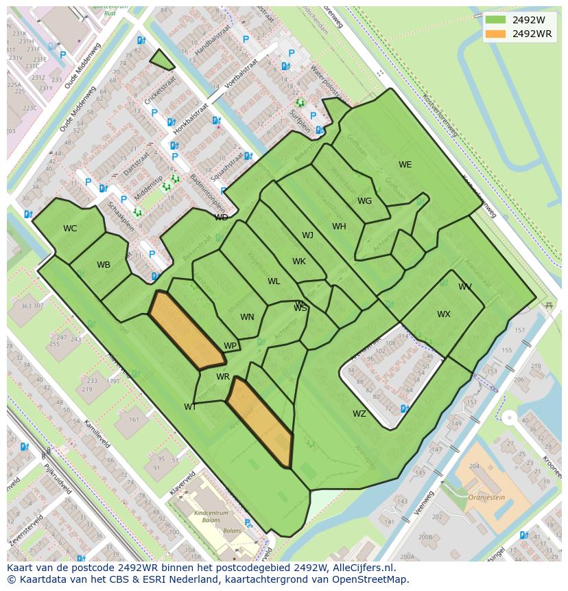 Afbeelding van het postcodegebied 2492 WR op de kaart.