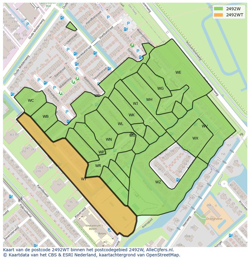 Afbeelding van het postcodegebied 2492 WT op de kaart.
