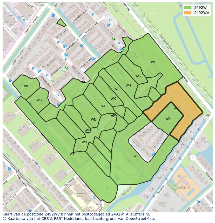 Afbeelding van het postcodegebied 2492 WV op de kaart.
