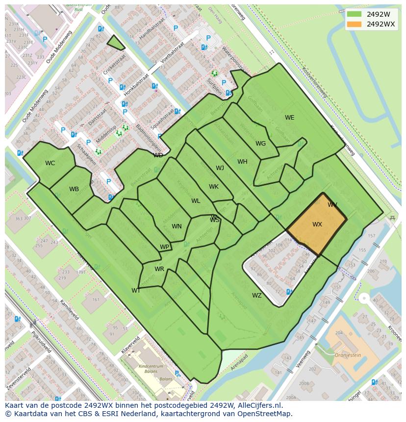 Afbeelding van het postcodegebied 2492 WX op de kaart.