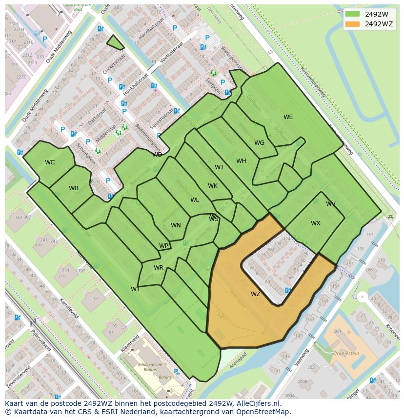 Afbeelding van het postcodegebied 2492 WZ op de kaart.