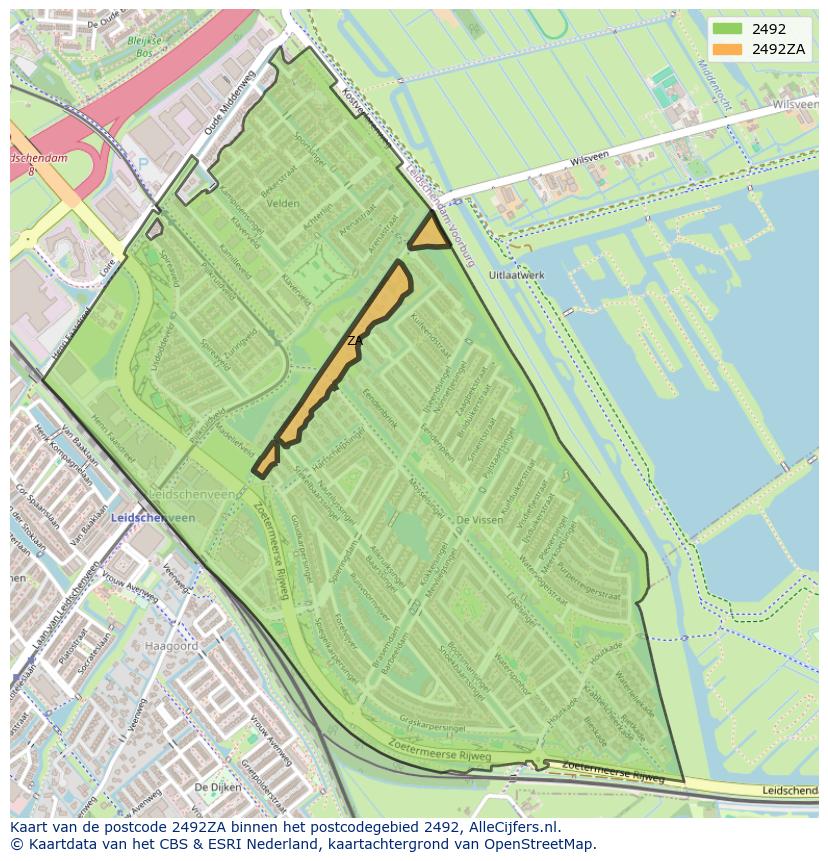 Afbeelding van het postcodegebied 2492 ZA op de kaart.