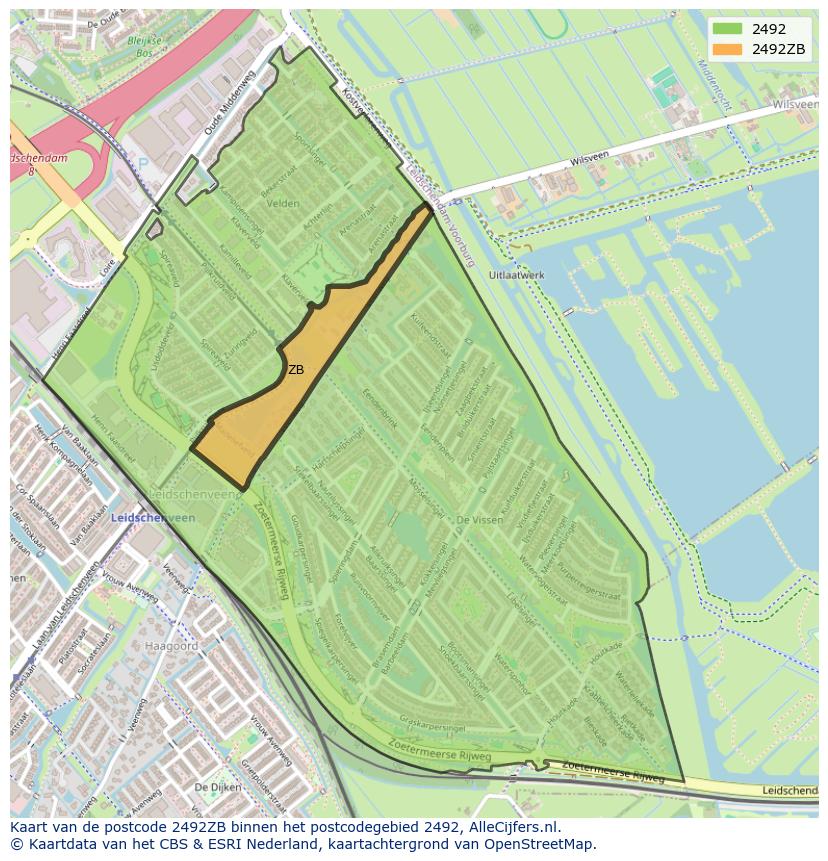 Afbeelding van het postcodegebied 2492 ZB op de kaart.