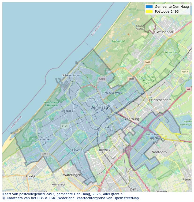 Afbeelding van het postcodegebied 2493 op de kaart.