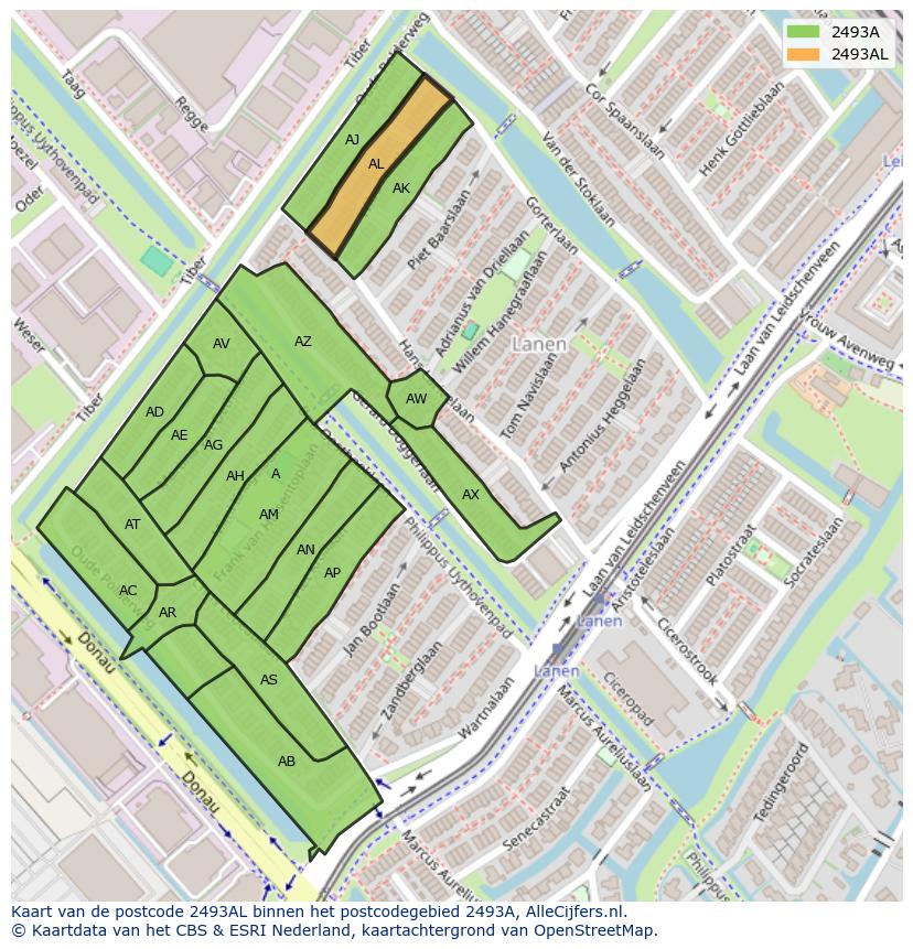 Afbeelding van het postcodegebied 2493 AL op de kaart.