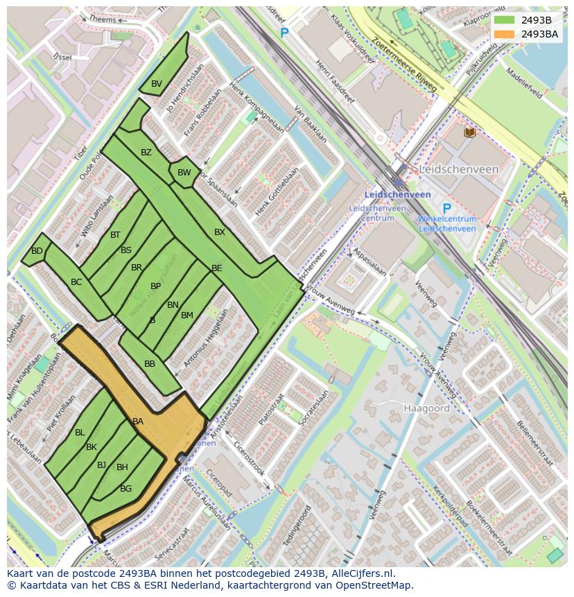 Afbeelding van het postcodegebied 2493 BA op de kaart.