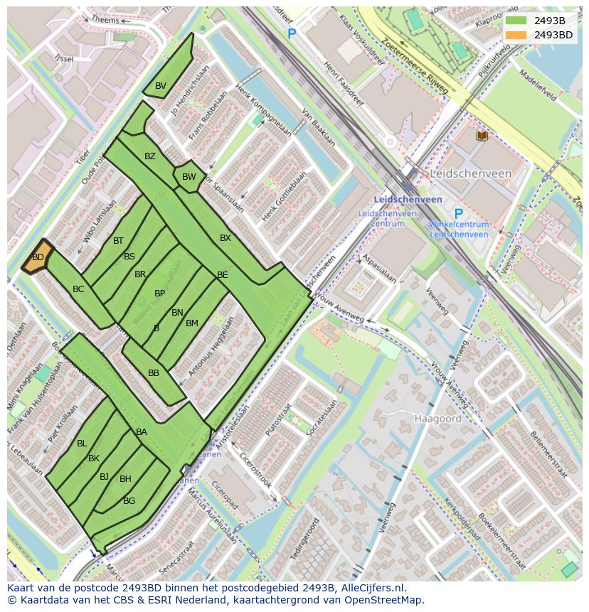 Afbeelding van het postcodegebied 2493 BD op de kaart.