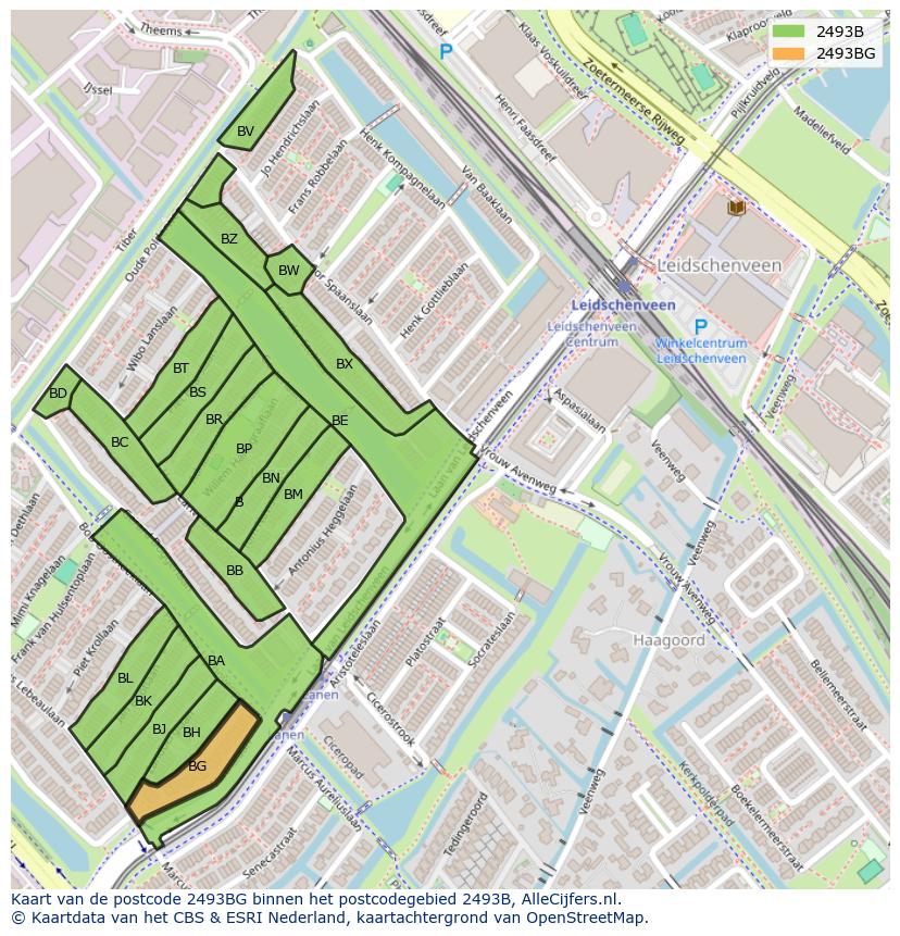 Afbeelding van het postcodegebied 2493 BG op de kaart.