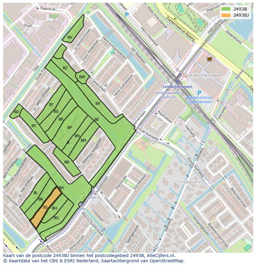 Afbeelding van het postcodegebied 2493 BJ op de kaart.