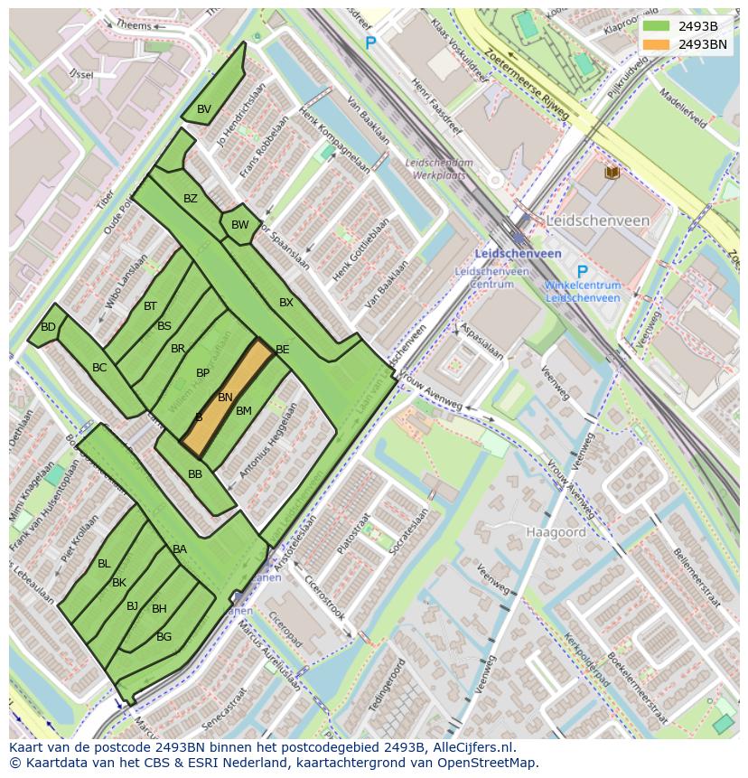 Afbeelding van het postcodegebied 2493 BN op de kaart.