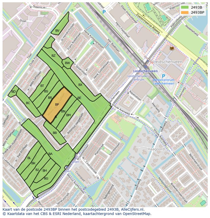Afbeelding van het postcodegebied 2493 BP op de kaart.
