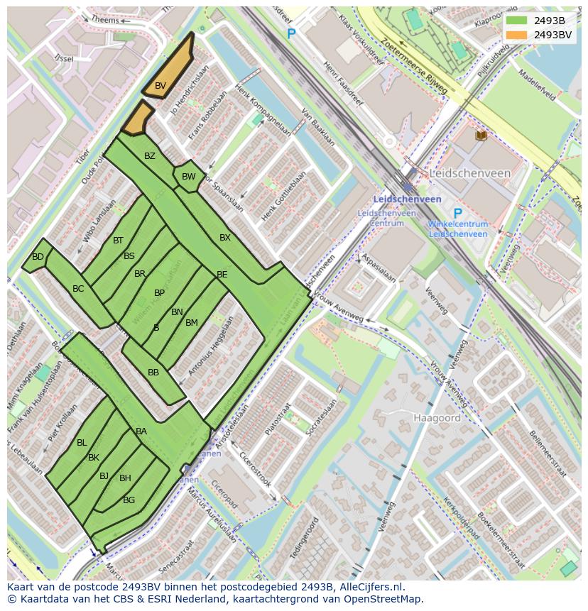 Afbeelding van het postcodegebied 2493 BV op de kaart.