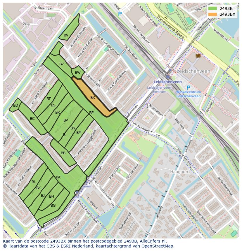 Afbeelding van het postcodegebied 2493 BX op de kaart.