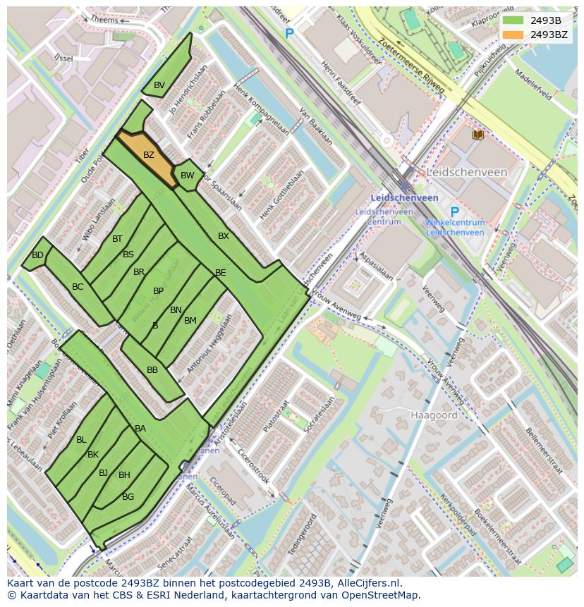 Afbeelding van het postcodegebied 2493 BZ op de kaart.