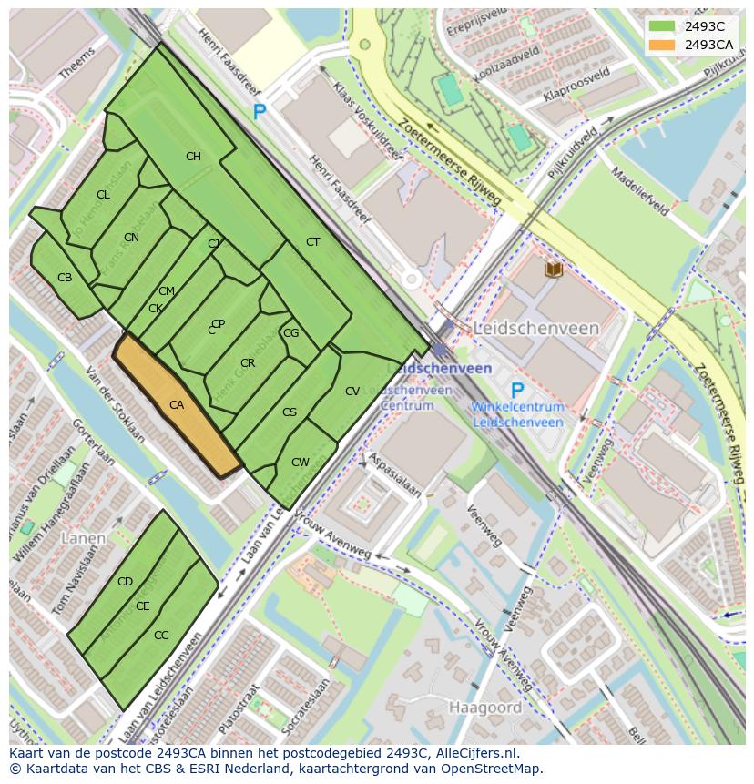 Afbeelding van het postcodegebied 2493 CA op de kaart.