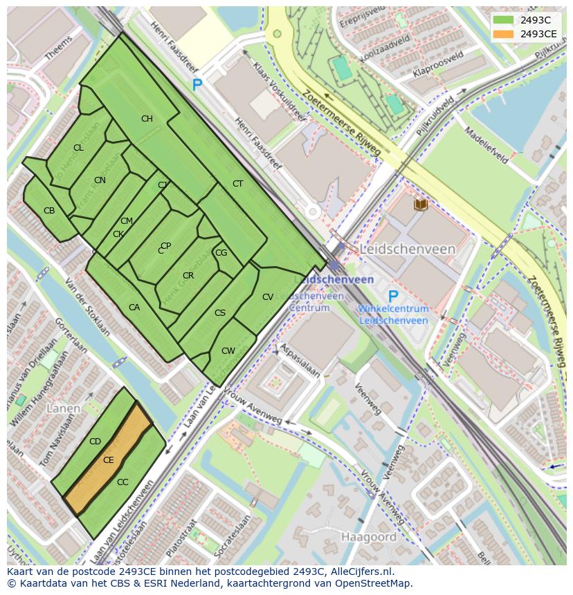 Afbeelding van het postcodegebied 2493 CE op de kaart.