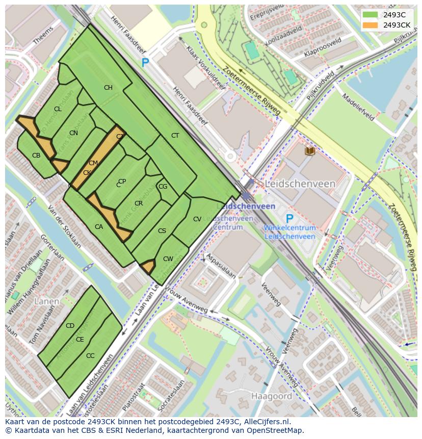 Afbeelding van het postcodegebied 2493 CK op de kaart.