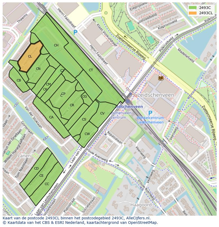 Afbeelding van het postcodegebied 2493 CL op de kaart.