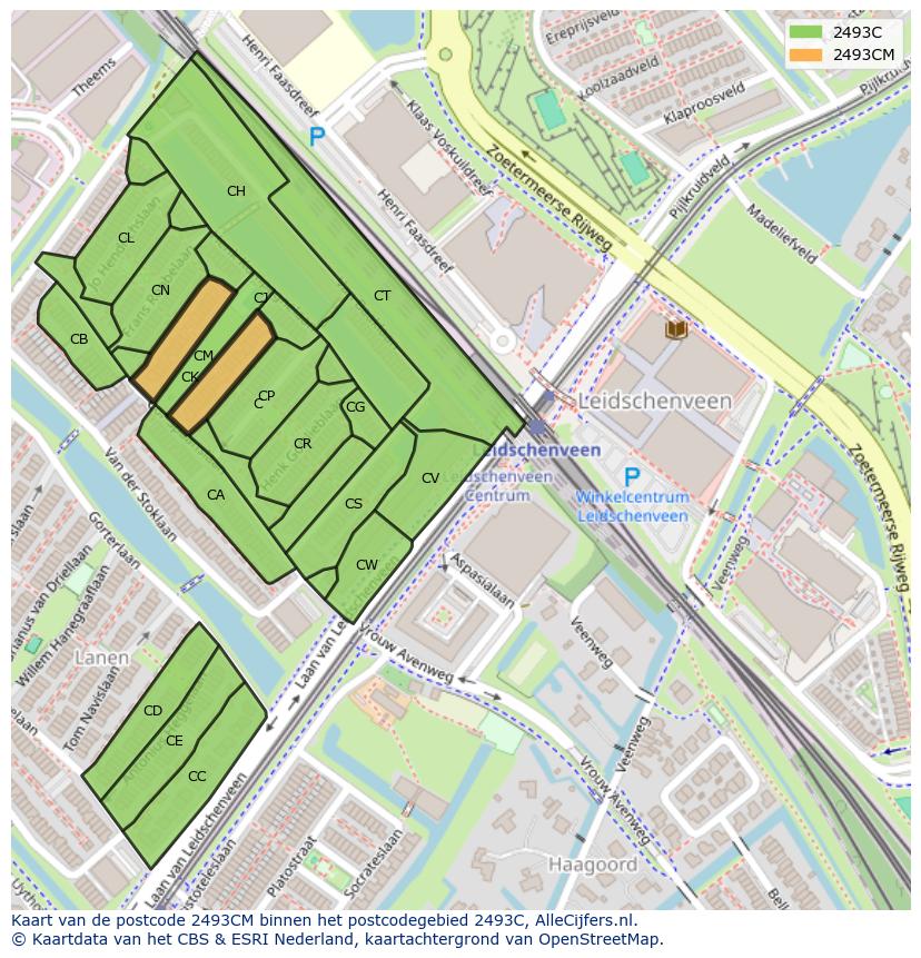 Afbeelding van het postcodegebied 2493 CM op de kaart.