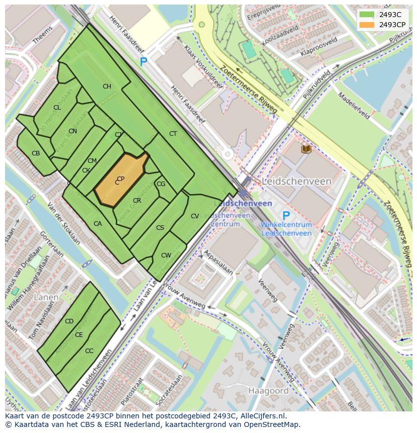 Afbeelding van het postcodegebied 2493 CP op de kaart.