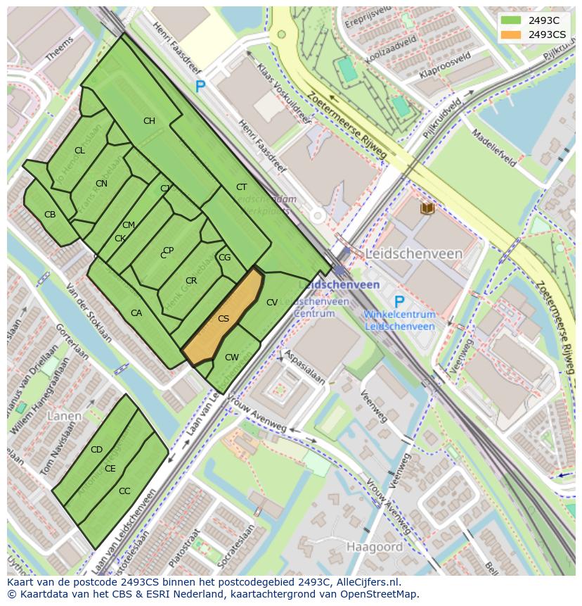 Afbeelding van het postcodegebied 2493 CS op de kaart.